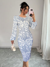 2pcs Blue Striped Floral Lantern Sleeve Top And Pencil Mini Skirt Suit